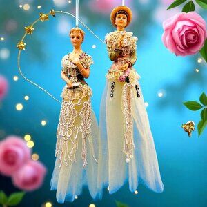 Victorian Lady Ornaments Lace Gown Tulle Skirt Floral Vintage Xmas Décor Set